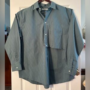 WOOD WOOD Half Tuck Jade Poplin Stripe Long Sleeve Dusty Green 40 Oversize NEW